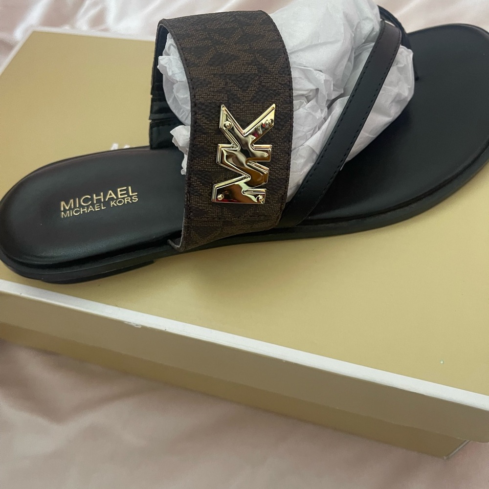 Michael Kors Black and Brown Logo Sandals